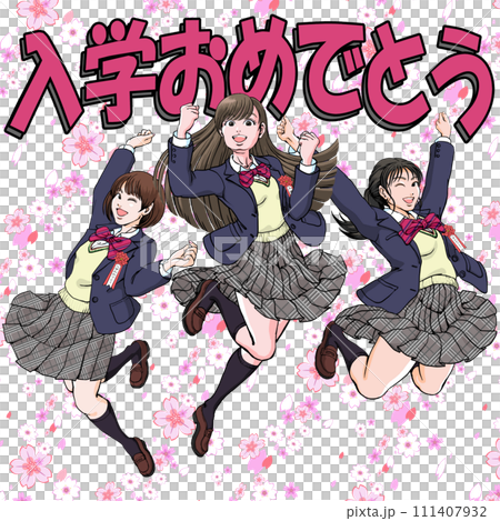 Congratulations on your admission to school_Three high school girls express their joy by jumping Congratulations on your admission to school_Three high school girls express their joy by jumping 111407932