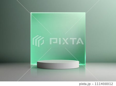 White Podium Mockup with Green Glass Backdrop, Luxury Product Display 111408012