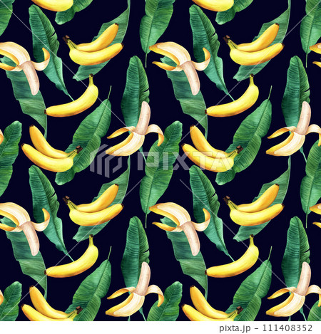 Watercolor seamless pattern with banana tree leaves and fruit banana. Hand drawn illustration. For wrapping wallpaper fabric textile. Watercolor seamless pattern with banana tree leaves and fruit banana. Hand drawn illustration. For wrapping wallpaper fabric textile. 111408352