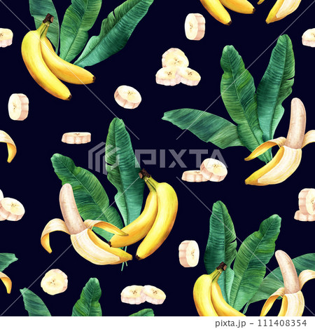Watercolor seamless pattern with banana tree leaves and edible peeled sliced yellow fruit banana. Hand drawn illustration. For wrapping wallpaper fabric textile. 111408354
