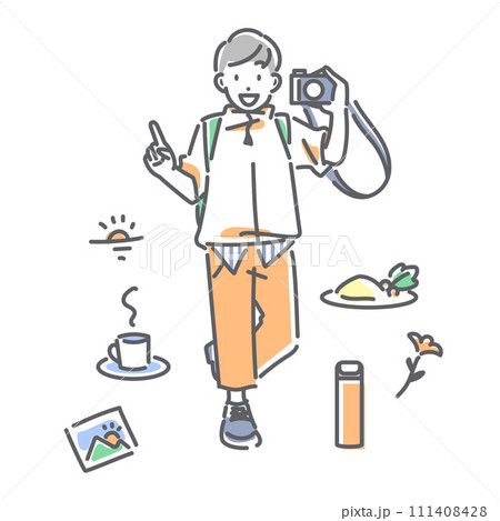 カメラを携えてひとり旅を楽しむ若い男性 シンプルでお洒落な線画イラスト カメラを携えてひとり旅を楽しむ若い男性 シンプルでお洒落な線画イラスト 111408428