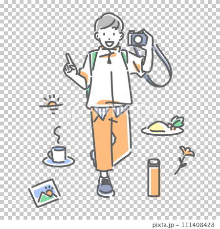 一個帶著相機享受獨自旅行的年輕人 簡單時尚的線條畫插圖 111408428