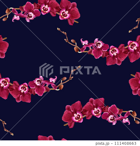 Watercolor seamless pattern with tropical flower orchid Phalaenopsis branch in blooms. For fabric, textile 111408663