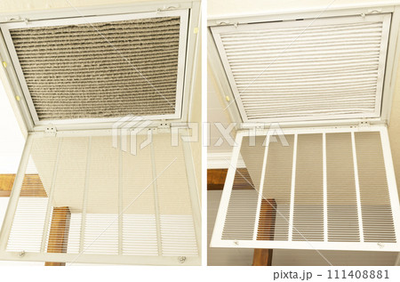 Before And After. Clean And Dirty Stainless Steel Pleated Ac Furnace Filters With Carbon. Air Filter Allergen Reduction Dust. Intake Vent, Home Air Conditioner. Horizontal Plane. HVAC System 111408881