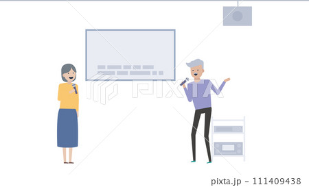 カラオケ喫茶でマイクを持って歌うシニアの男女 111409438