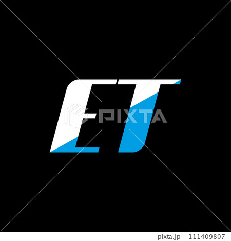 ET letter logo design on black background. ET creative initials letter logo concept. et icon design. ET white and blue letter icon design on black background. E T 111409807