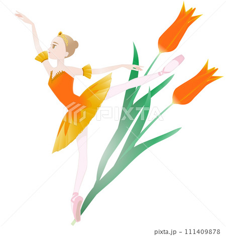 ダンサーと花のイラスト_オレンジのチューリップ_バレリーナのイメージ 111409878