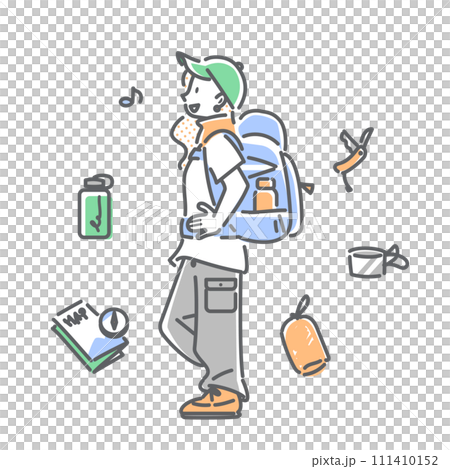 ひとり旅を楽しむバックパッカーの女性　シンプルでお洒落な線画イラスト 111410152
