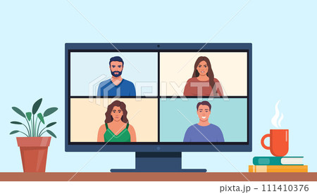 Computer screen with collective virtual meeting, group video conference. People chatting online. Vector illustration. 111410376