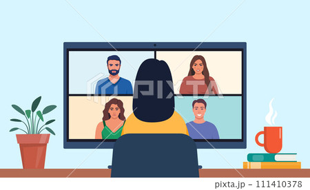 Woman chatting online, using computer for collective virtual meeting, group video conference. Vector illustration. 111410378
