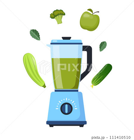 Blender or mixer. Equipment for smoothie making. Green vegetables around. Kitchen tool for cooking. Vector illustration. 111410510