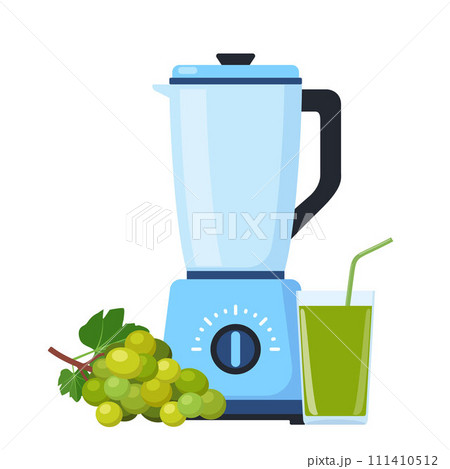 Blender or mixer. Equipment for smoothie making. Grape and glass of fresh juice. Kitchen tool for cooking. Vector illustration. 111410512