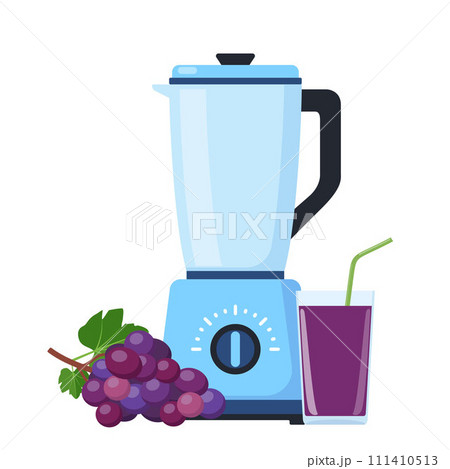 Blender or mixer. Equipment for smoothie making. Grape and glass of fresh juice. Kitchen tool for cooking. Vector illustration. 111410513
