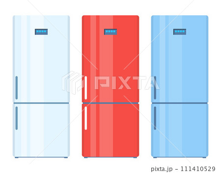 Fridge. Set of closed empty refrigerator. Blue, red, white fridge for food storage. Vector Illustration. 111410529