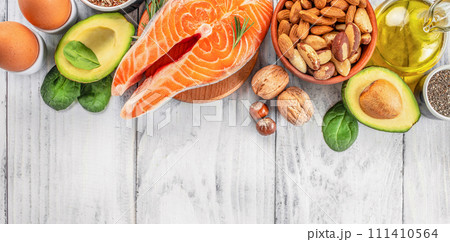 Set of food with healthy fats and omega-3, Superfood high vitamin e and dietary fiber. Long banner format. top view 111410564