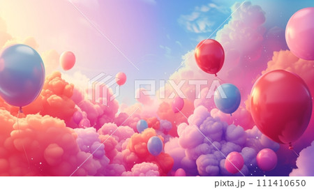 雲の上にカラフルな風船が舞うファンタジー風の風景 雲の上にカラフルな風船が舞うファンタジー風の風景 111410650