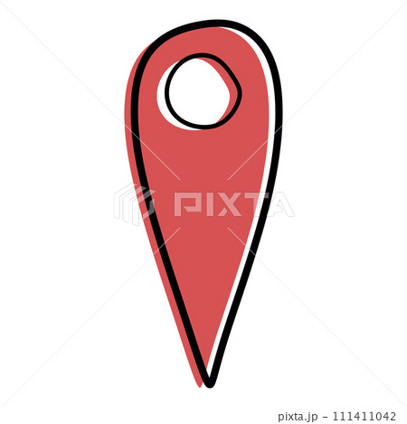 Red Map Location doodle icon. Vector Color Linear Pointer or Mark, Isolated on white. Hand drawn Travel symbol for Navigation. Design Graphic art for Logotype, Card, Mobile App, Creative Localization. 111411042