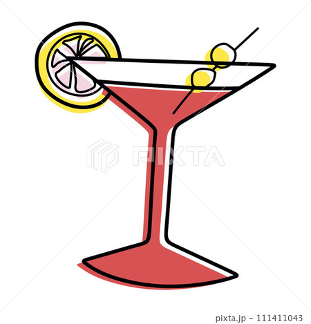 Red Doodle cocktail with Lemon slice on white backdrop. Vector isolated Vibrant hand drawn logotype design sketch in modern art Cartoon comic style. Summer Vacation, Tropical aperitif on background. 111411043