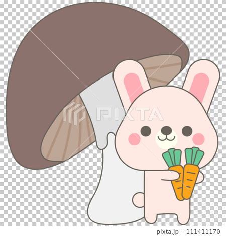 spring season easter cute pastel minimal rabbit holding carrot in front of brown mushroom 111411170