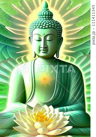 蓮の花が美しいグリ-ンの仏像 111411345