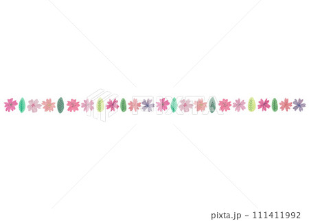 透明水彩絵の具で書いた横に並んだ桜の花と葉っぱのフレームイラストミニ 111411992