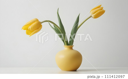 Yellow tulips in a vase on the table against the background of a white wall. Generative AI 111412097