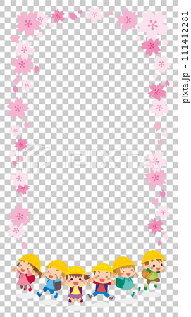 ジャンプしている可愛い小学生キッズのイラスト　桜フレーム　コピースペース　テンプレート　ベクター 111412281