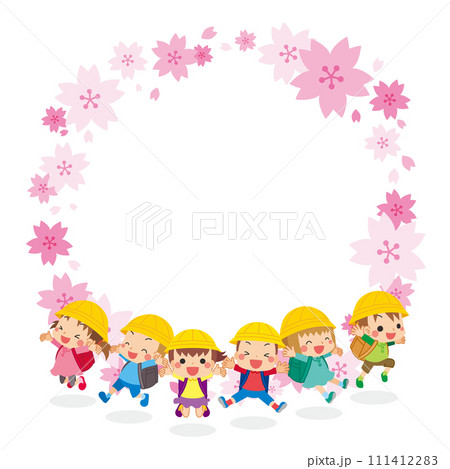 ジャンプしている可愛い小学生キッズのイラスト 桜フレーム コピースペース テンプレート ベクター ジャンプしている可愛い小学生キッズのイラスト 桜フレーム コピースペース テンプレート ベクター 111412283