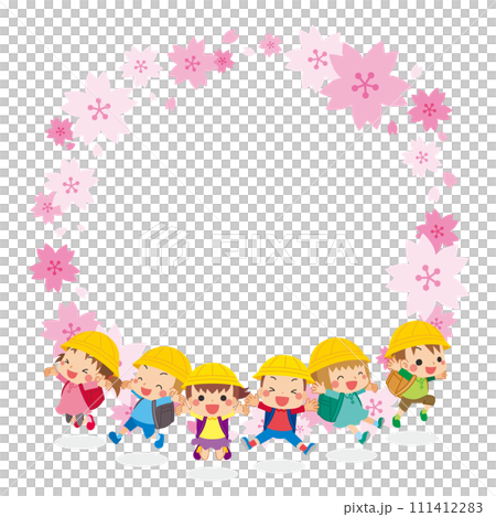 ジャンプしている可愛い小学生キッズのイラスト 桜フレーム コピースペース テンプレート ベクター ジャンプしている可愛い小学生キッズのイラスト 桜フレーム コピースペース テンプレート ベクター 111412283