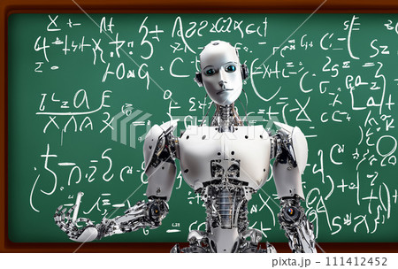 数学を教えるロボットの教師　ロボット　先生　教師　教育　STEM教育　AI生成画像　STEAM教育 111412452