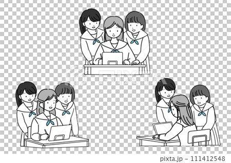 Multiple female students studying on tablets Multiple female students studying on tablets 111412548