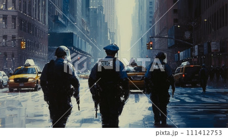 AI-generated content. Two police officers and soldier performing his duties on streets of huge metropolis in morning. Drawn style. 111412753