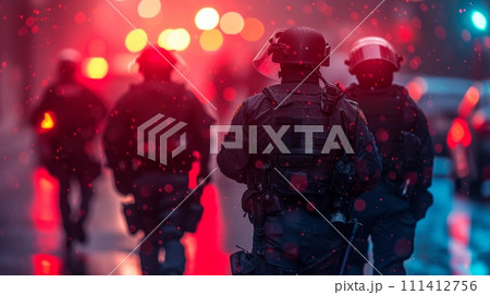 AI-generated content. Group of soldiers in protective uniforms and helmets walk in rain, illuminated by red light of city lights. 111412756