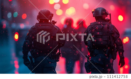 AI-generated content. Two soldiers in protective uniforms and helmets walk in rain, illuminated by red light of city lights. 111412758