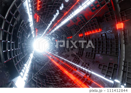 Flying into sci-fi tunnel with glowing neon light, loop motion graphic for technology, 3D rendering. Flying into sci-fi tunnel with glowing neon light, loop motion graphic for technology, 3D rendering. 111412844