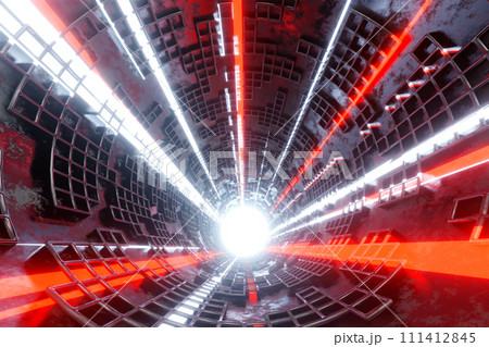 Flying into sci-fi tunnel with glowing neon light, loop motion graphic for technology, 3D rendering. Flying into sci-fi tunnel with glowing neon light, loop motion graphic for technology, 3D rendering. 111412845
