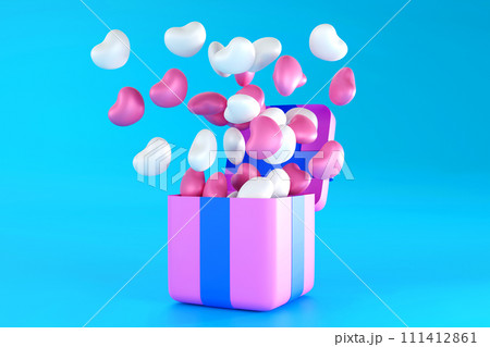 Pink gift box present box with many balloon heart floating, , for valentine day festival, 3D render Pink gift box present box with many balloon heart floating, , for valentine day festival, 3D render 111412861