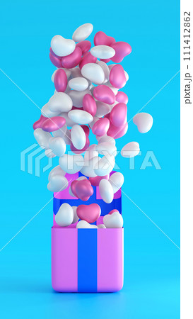 Pink gift box or present box with many balloon heart floating, valentine day festival, 3D rendering. 111412862