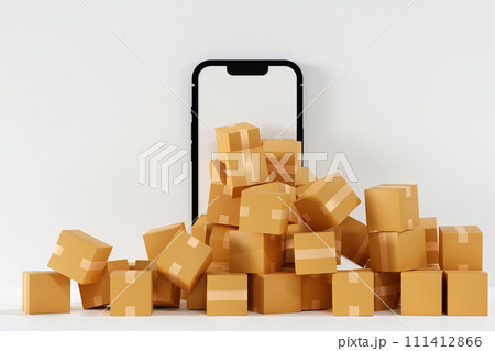 Cardboard box parcel transporting overflow from mobile phone screen, online market, 3D rendering. Cardboard box parcel transporting overflow from mobile phone screen, online market, 3D rendering. 111412866