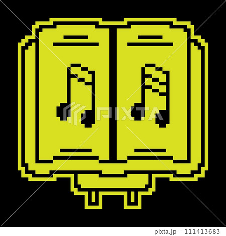 Pixel silhouette icon. Notebook with notes for holding with archestra. Music teaching at music school. Simple black and yellow vector Pixel silhouette icon. Notebook with notes for holding with archestra. Music teaching at music school. Simple black and yellow vector 111413683
