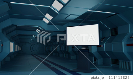 mock up billboard or LCD screen floor stand in spaceship or space station tunnel, 3D rendering. mock up billboard or LCD screen floor stand in spaceship or space station tunnel, 3D rendering. 111413822