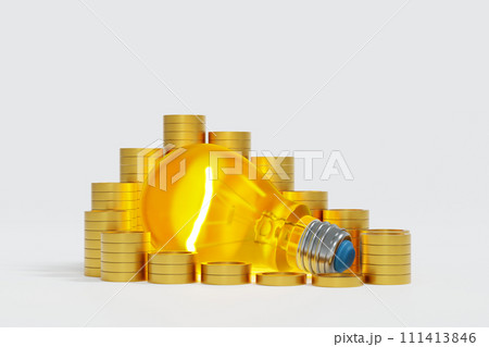 Light bulb with stock of gold coin, get idea to make money. 3D rendering. 111413846