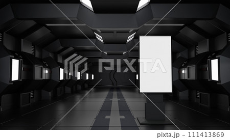 Blank mock up vertical billboard or LCD screen floor stand in spaceship, tunnel, 3D rendering. Blank mock up vertical billboard or LCD screen floor stand in spaceship, tunnel, 3D rendering. 111413869