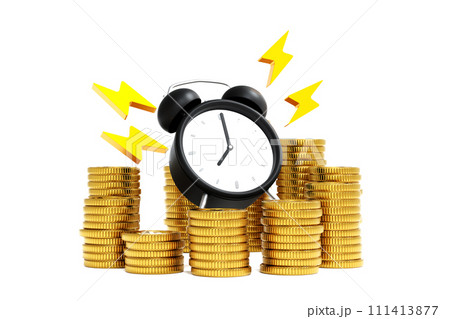 Ringing alarm clock with stack of coin, money saving, dead line tax time reminder, 3D rendering. Ringing alarm clock with stack of coin, money saving, dead line tax time reminder, 3D rendering. 111413877