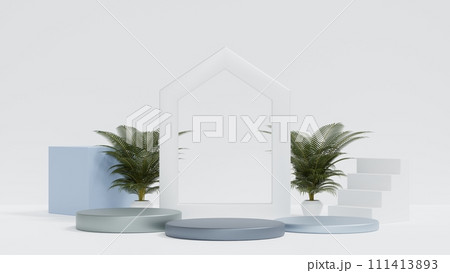 Round podium with house shape and stair decoration, real estate product  exhibition show, 3D render 111413893