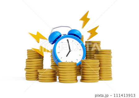 Ringing alarm clock with stack of coin, money saving, dead line tax time reminder, 3D rendering. Ringing alarm clock with stack of coin, money saving, dead line tax time reminder, 3D rendering. 111413913