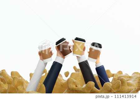 Hand holding paper coffee cup with blank labels over coffee liquid splash, mock up, 3D rendering. 111413914