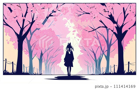 【春】桜と女子学生　影絵風イラスト素材　（AI生成画像） 111414169