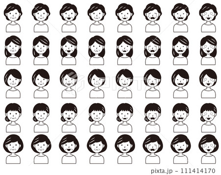 色々な表情の年配女性アイコンセット、単色 111414170