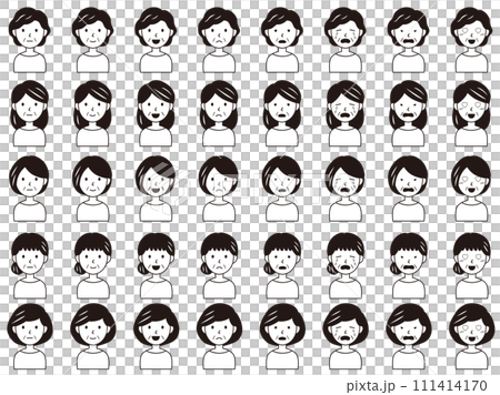 色々な表情の年配女性アイコンセット、単色 111414170